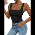 thumbnail image 3 of Camiseta Básica de Verano Sin Mangas con Cuello Cuadrado y Fruncido para Mujer. Negro S, 3 of 8