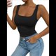 thumbnail image 3 of Camiseta Básica de Verano Sin Mangas con Cuello Cuadrado y Fruncido para Mujer. Negro S, 3 of 8