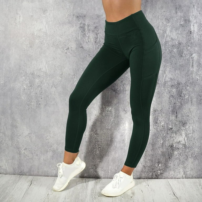 LeKY Fashion Elastic Women Fitness Yoga Running Stretch Leggings Pants with  Pocket Army Green XL 