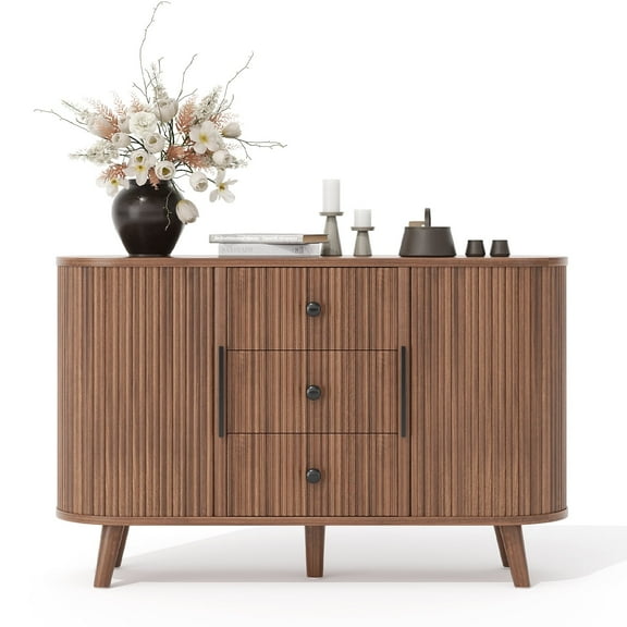 47" Curved Sideboard Cabinet with 2 Sliding Tambour Doors, Fluted Buffet Storage Cabinet with 3 Drawers for Living Room, Entryway, Hallway, Walnut