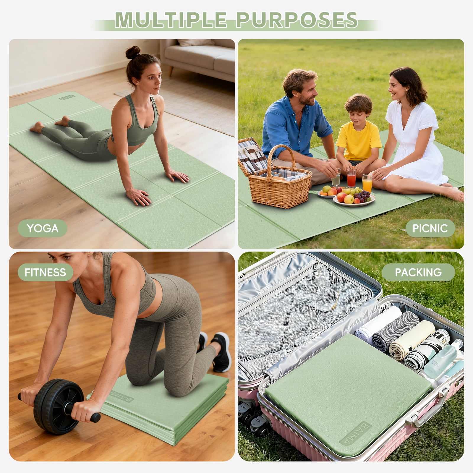 BAIMA Large Yoga Mat Thick Extra Wide and Long , Foldable Portable Travel Square Mats(Green+Black)