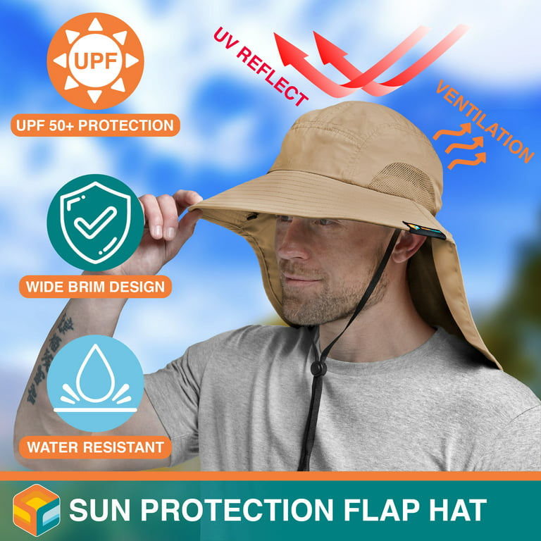 SUN CUBE Wide Brim Sun Hat with Neck Flap, Fishing Hiking for Men Women  Safari, Neck Cover for Outdoor Sun Protection UPF50+ | Khaki Tan