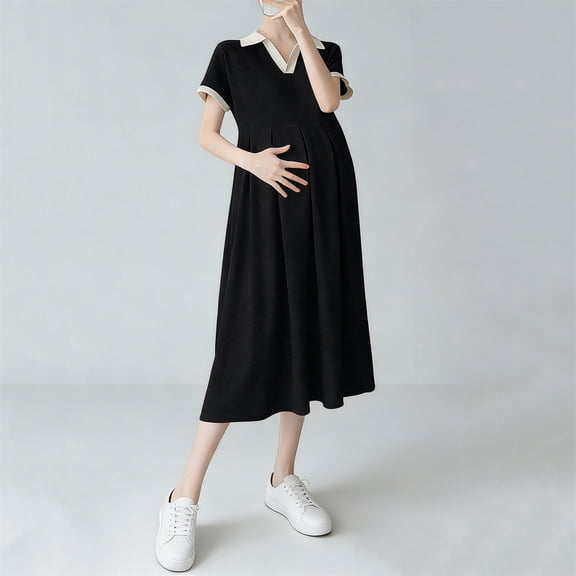 Maternity Short Sleeve Dress with Lapel Collar, Loose Fit Casual Comfortable Pregnancy