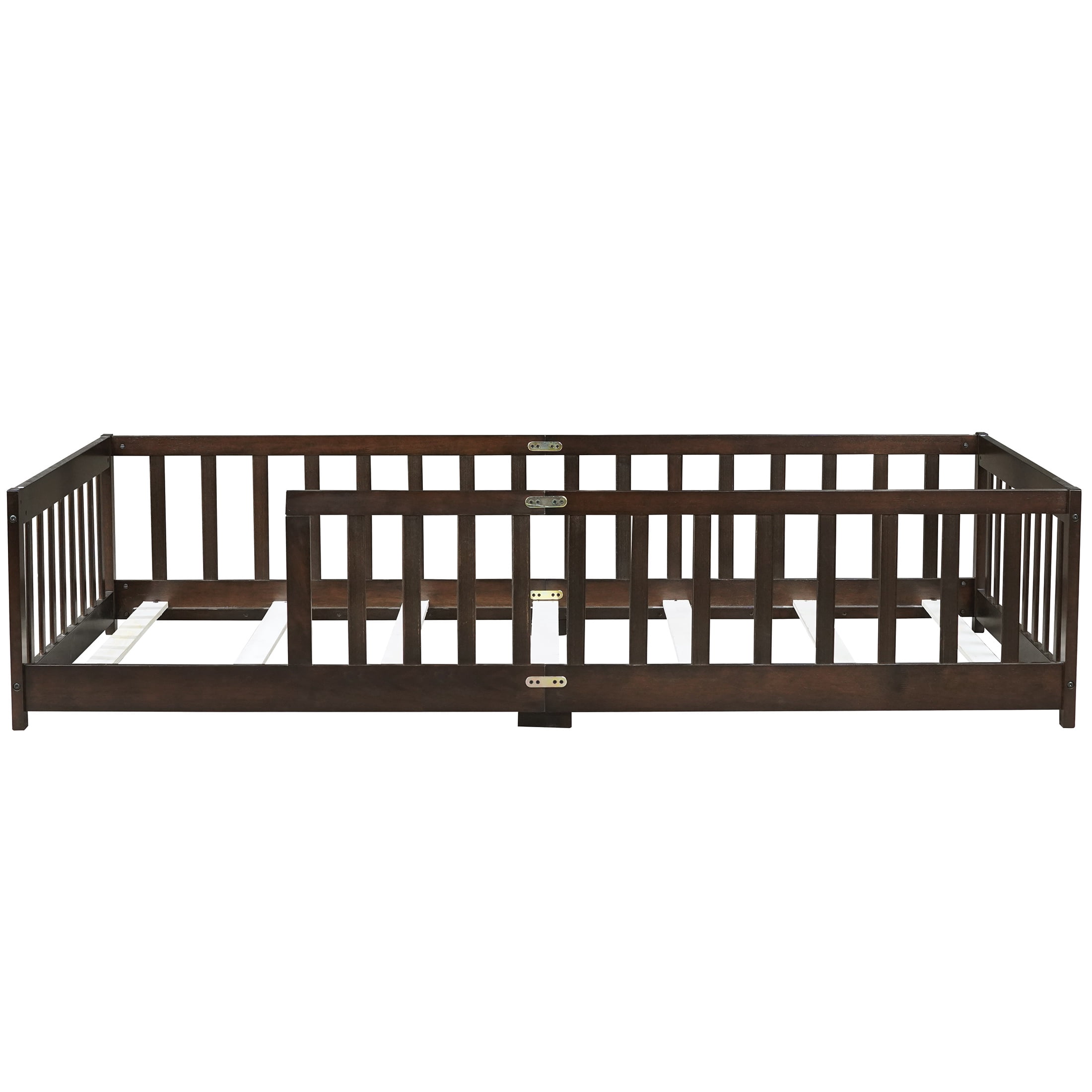 Twin Size Floor Bed with Fence, UHOMEPRO Montessori Floor Bed with Slats and Safety Guardrails, Solid Wood Twin Bed Frame for Bedroom, Espresso