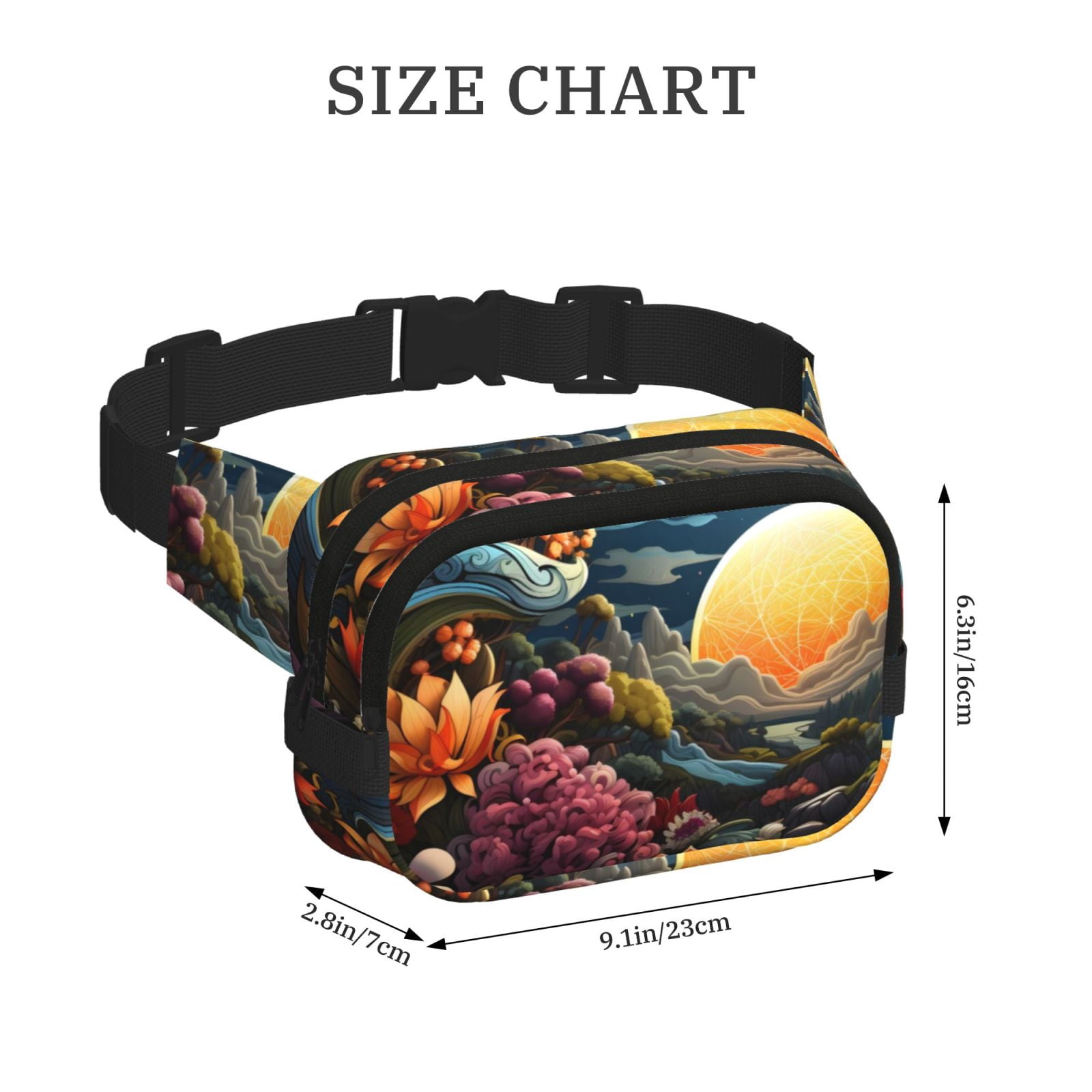 Picia Sunset Floral Fantasy Landscape Print Square Double-Layer Waist Bag Mini Adjustable Waist Belt Bag Exercise Running Travel Hiking