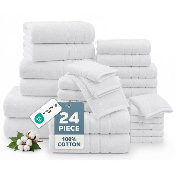 Casa Platino 100% Ring-Spun Cotton Bath Towels Set of 24 - 2 Bath Sheets, 2 Gym Towel, 2 Bath, 4 Fingertip, 6 Hand, 8 Washcloths, Gentle on Body, Quick Dry, Everyday Use – White