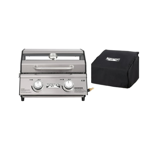 Monument Grills Portable 2-Burner Tabletop Propane Gas Grill in Stainless Steel with Locking Clearview Lid and Grill Cover