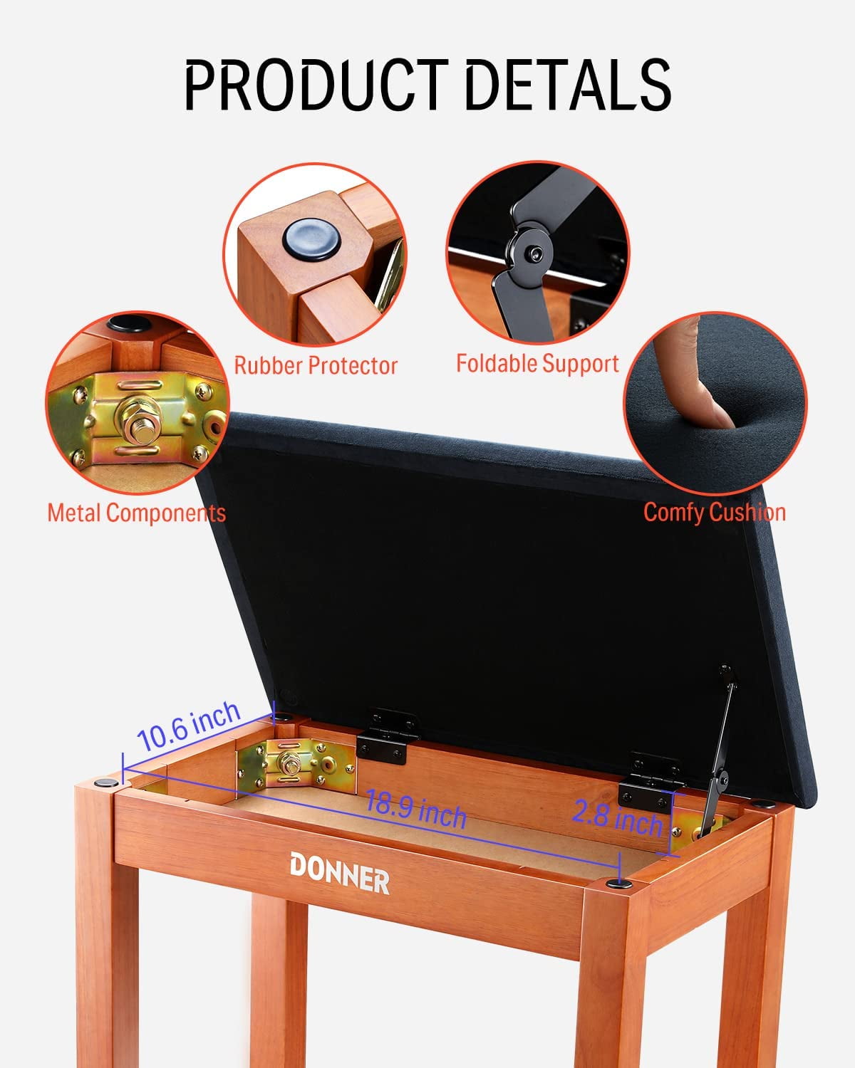 Donner Piano Bench with Storage, Solid Wood Keyboard Bench Piano Bookcase Stool Chair Seat with High-Density Suede Cushion
