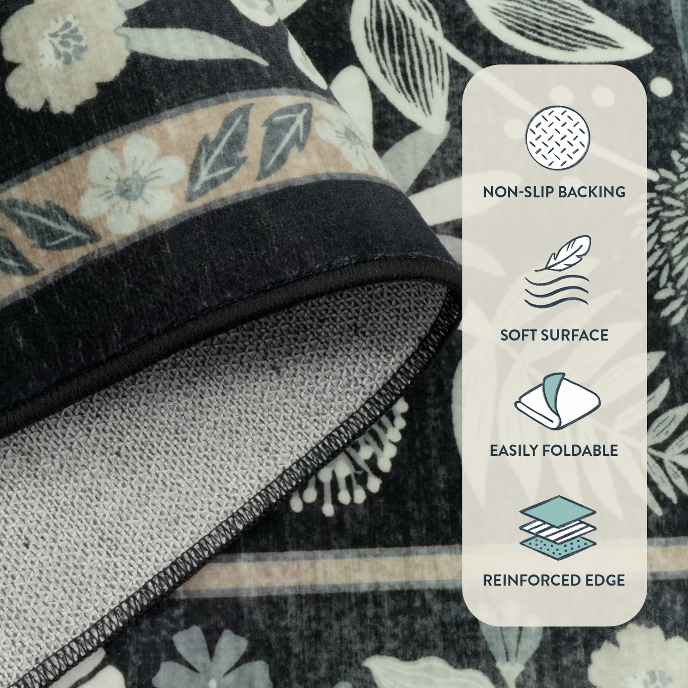 Moynesa 5'x7' Washable Rugs for Living Room, Black Botanical Floral Large Rugs for Bedroom Non-Slip Soft Modern Natural Rugs for Dining Room, Stain Resistant Accent Carpet for Dorm Apartment