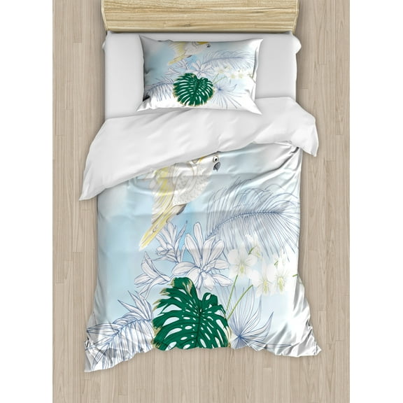 Tropical Duvet Cover Set Twin Size, Layout of Exotic Hawaiian Plantation Orchids and a Cockatoo Parrot, Decorative 2 Piece Bedding Set with 1 Pillow Sham, Forest Green Multicolor, by Ambesonne