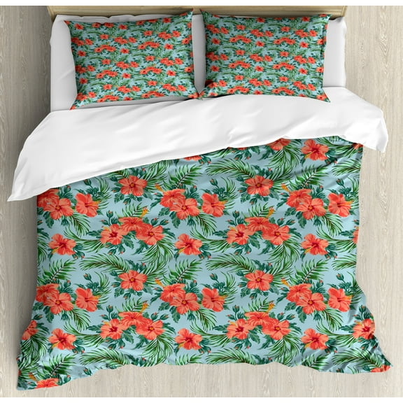 Luau Duvet Cover Set, Exotic Summer Bouquet Design with Hibiscus Flourish Aloha Botanical, Decorative 3 Piece Bedding Set with 2 Pillow Shams, Calking Size, Vermilion Pale Blue, by Ambesonne