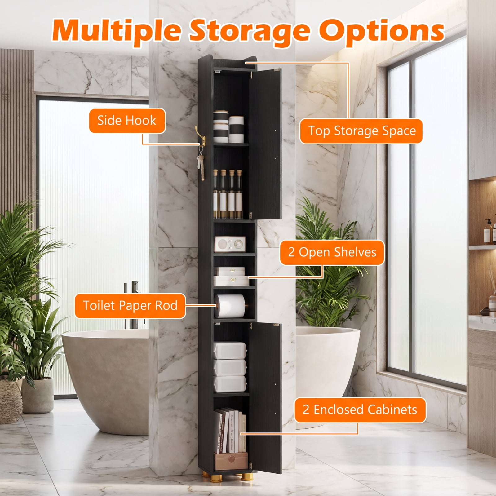 Vebreda Narrow Bathroom Storage Cabinet, Tall Slim Freestanding Cabinet with 2 Closed Cabinets, Open Shelves and Toilet Paper Holder, Adjustable Shelves and Hook, Black