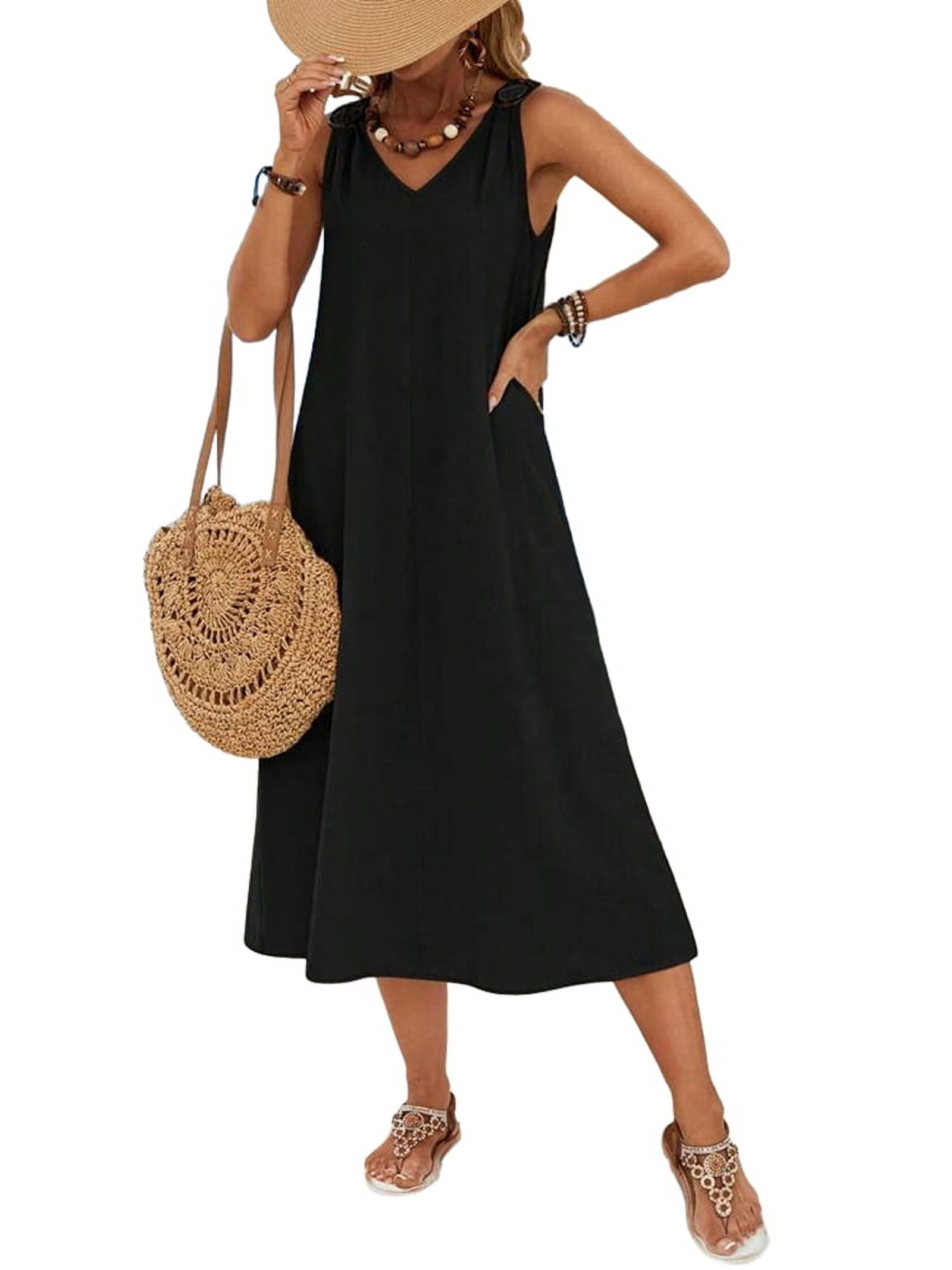 Dresses for Women Spring Summer Sleeveless V Neck Cotton Beach Casual Dress Black S