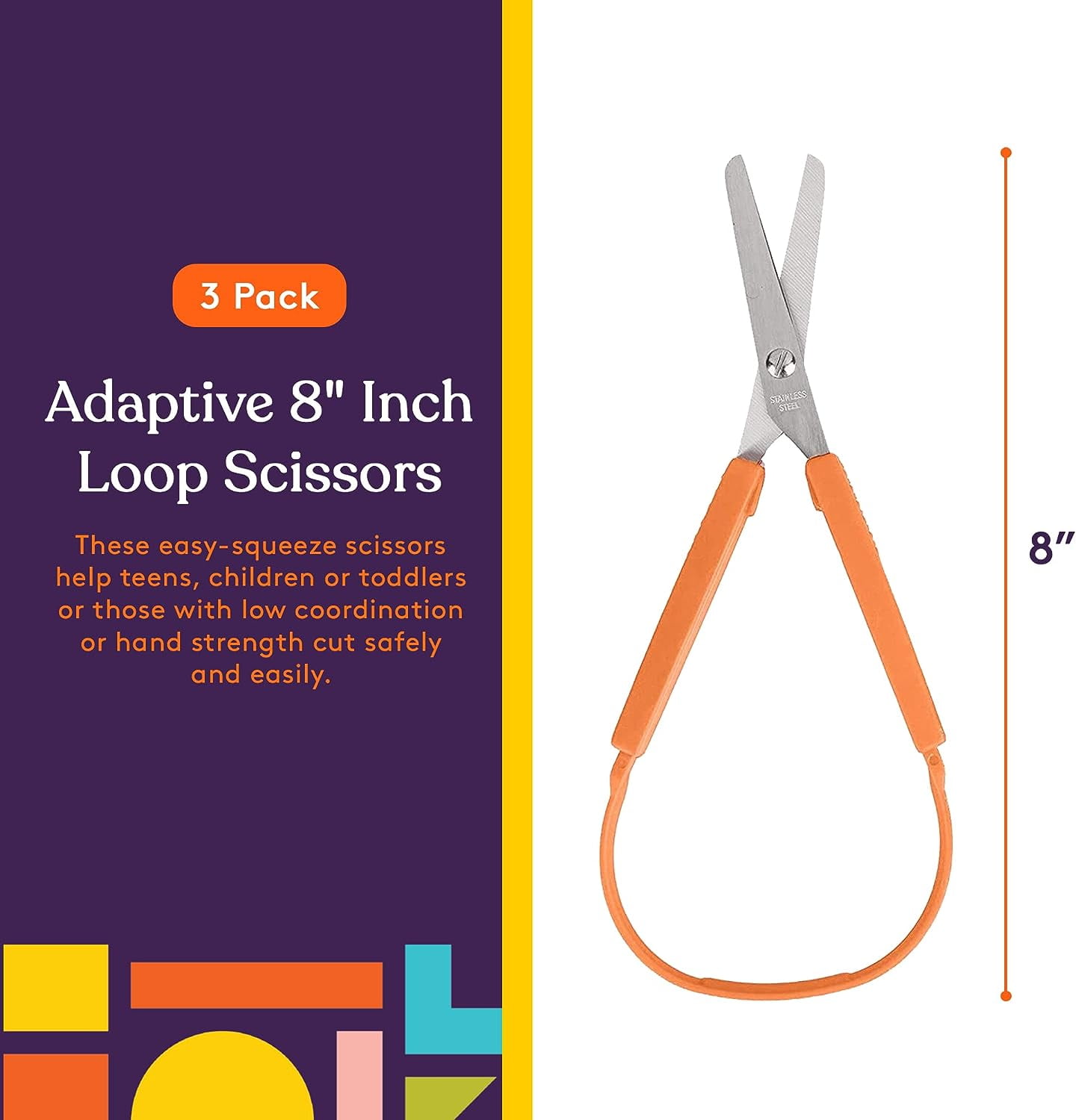 Loop Scissors for Kids 3-Pack Colorful Looped Adaptive Design Right and  Lefty Support Small Easy-Open Squeeze Handles Supports Elderly Special Needs