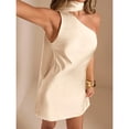 thumbnail image 3 of Solid Cream Yellow Asymmetrical Shoulder Backless Mini Satin Dress for Cocktail, Wedding Guest, Valentine's Day, 3 of 10
