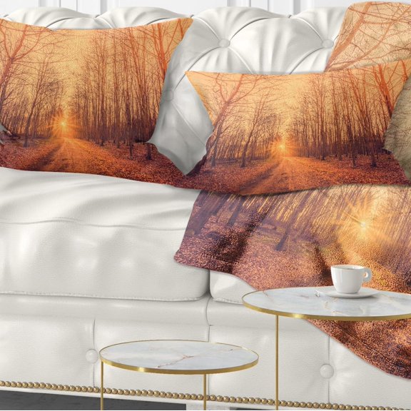 Designart Forest Road into Sunrise - Landscape Photography Throw Pillow - 12x20