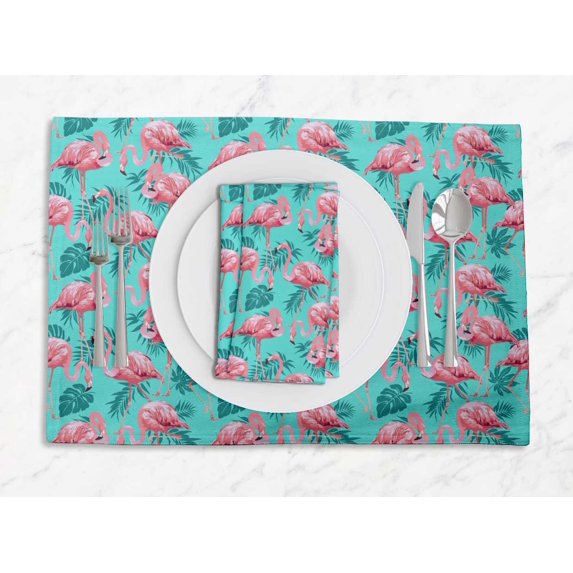 S4Sassy Green Tropical Leaves & Flamingo Bird Washable Printed Dining Reversible Tablemats With Napkins Set