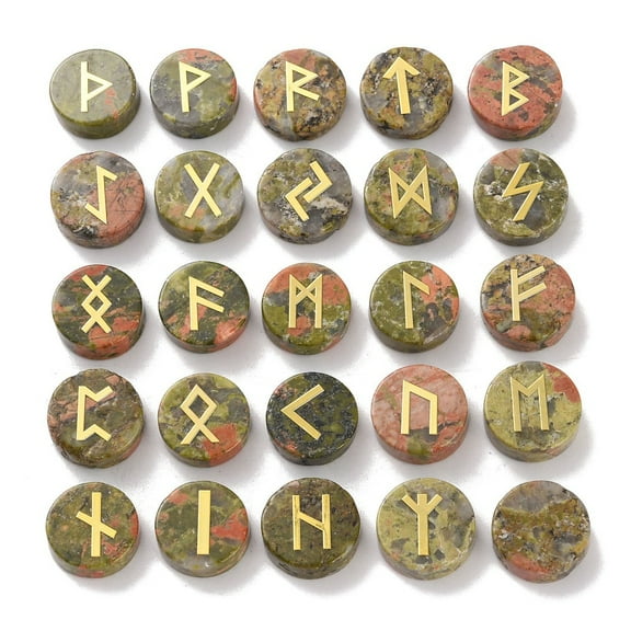 Brass Elder Futhark Alphabet Engraved Symbol Flat Round Natural Unakite Rune Stones for Chakras Balancing Therapy Meditation Divination 16.5~17.5x6~7mm 25pcs/set Unakite
