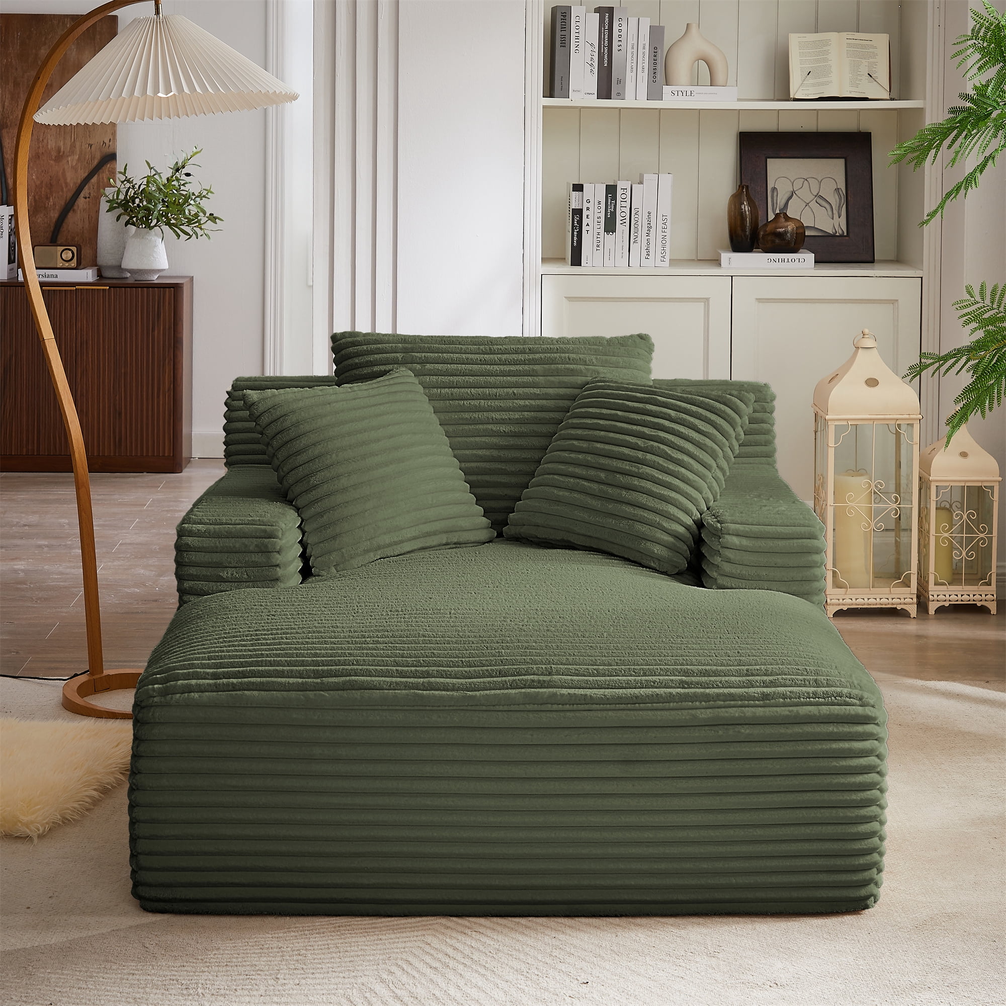 Aukfa 66" Oversized Chaise Lounge Indoor Boneless Couch Plush Sofa Bed for Living Room, 3Pillows, Green