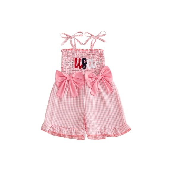 BemeyourBBs Toddler Baby Girls 4th of July Outfit Smocked Romper Patriot Independent Day Clothes Strap Tie-up Striped Jumpsuit USA Letters Embroidery Sleeveless Ruffled Overalls Shorts Playsuit