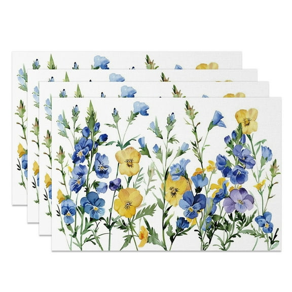 SUNOLIFE Blue Floral Placemats Set of 4,Spring Flowers Plants Table Place Mats 12x18 inch