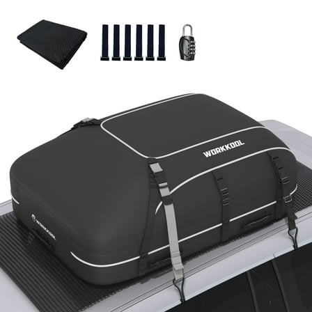WORKKOOL 15 cu ft Waterproof Roof Bag with Anti-Slip Mat & Lock - Universal Car Top Storage for SUV/Estates - Foldable Cargo Carrier (44"x34"x17")