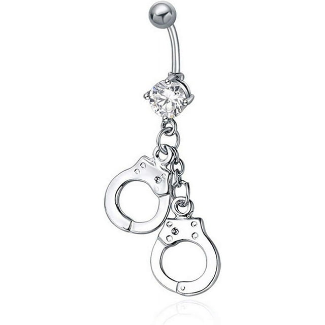 Belly Button Rings 14G Surgical Steel Handcuffs CZ Dangle Navel Piercing Body Jewelry