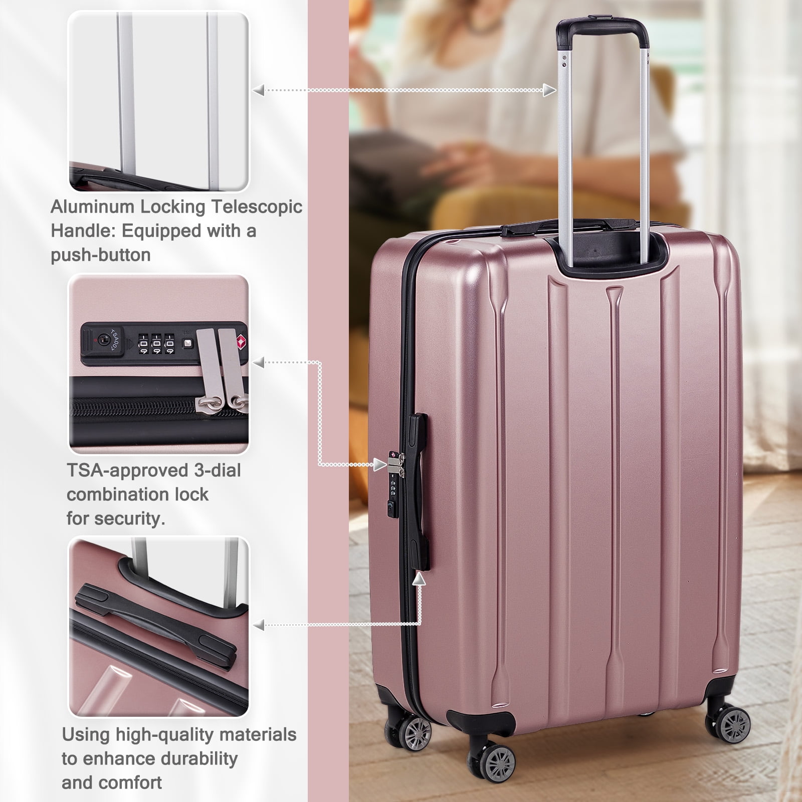 Ktaxon 3-Piece Hardshell Luggage Set Lightweight ABS+PC Carry On Suitcase with TSA Lock, 360° Spinner Wheels Rose Gold