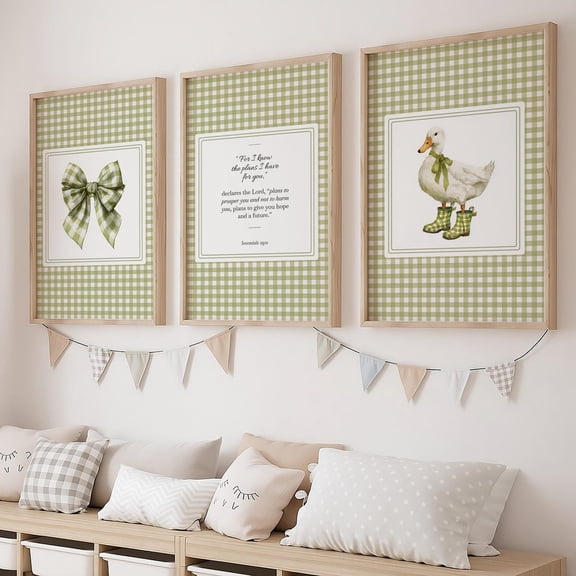 UNFFRAMED Sage Green Nursery Wall Art Set Jeremiah 29,11 Scripture Gingham Wall Art Cottagecore Goose Sage Green Gingham Nursery Vintage Cottagecore Set 3 Prints 8x12