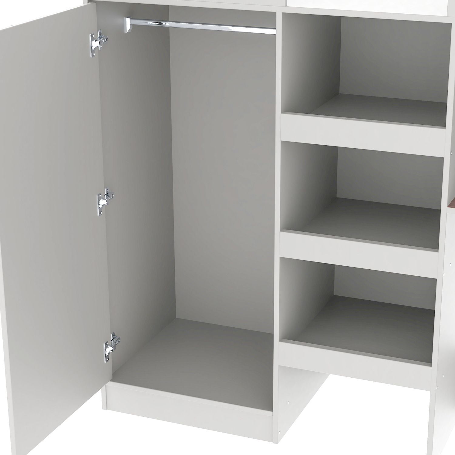 Full Size Loft Bed Frame with Built-in Wardrobe, Desk, 3 Drawers and Storage Shelves, Wood and MDF, No Box Spring Required