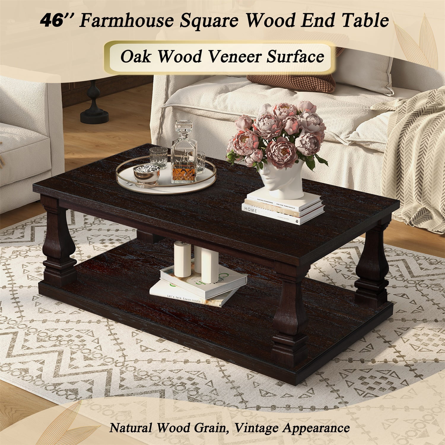 Hommoo Farmhouse Wood Coffee Table 46 Inch Rectangular with Open Shelf Storage, Rustic Living Room Center Table, Espresso