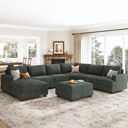 HONBAY 128.1" Modern Sectional Sofa Bed Couch U Shape Corduroy Sleeper Oversized with Storage Ottomans for Living Room, Green