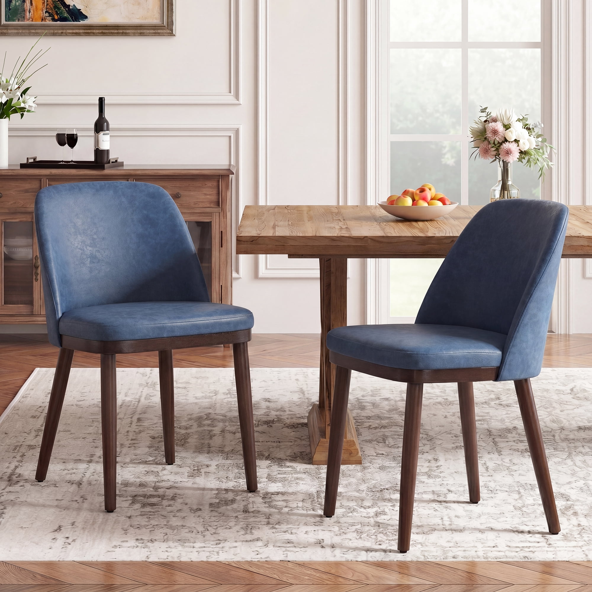 Modern Upholstered Dining Chairs Set of 4 — Faux Leather Padded Side Chairs with Solid Wood Legs for Kitchens and Dining Rooms, Blue