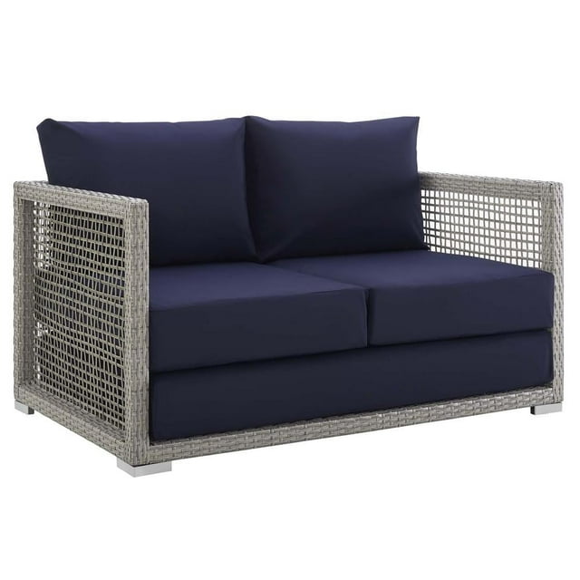 Modway Aura Causeuse de Patio Extérieure Moderne en Rotin et Tissu, Gris et Bleu Marine