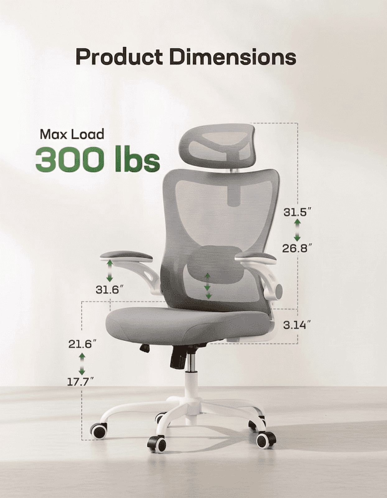 Kyspho High Back Ergonomic Office Chair with Headrest and Adjustable Lumbar Support, Mesh Desk Chair with 3D Armrests, Reclining Computer Chair for Home Office, 300 lbs Capacity