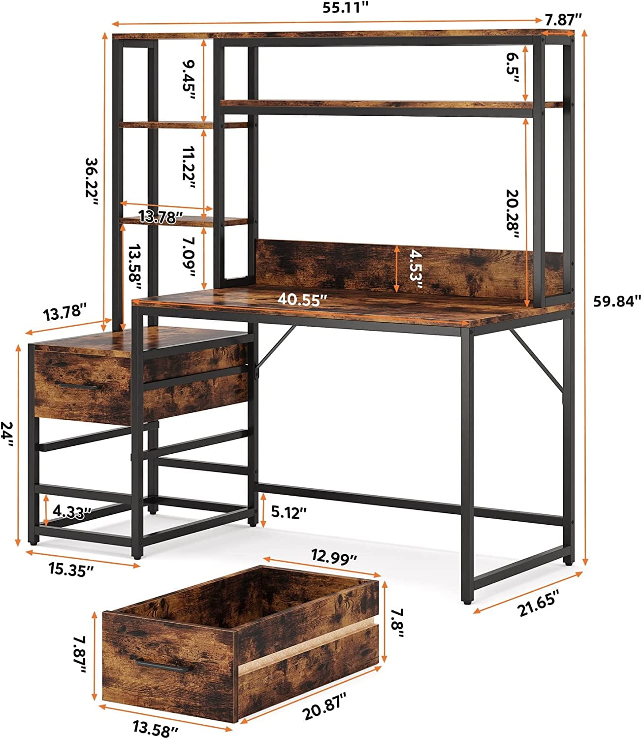 55 Inch Computer Desk with 2 Drawers and Storage Shelves, Rustic Office Desk with Hutch, Study Writing Gaming Table Laptop Workstation for Home Office (Brown)