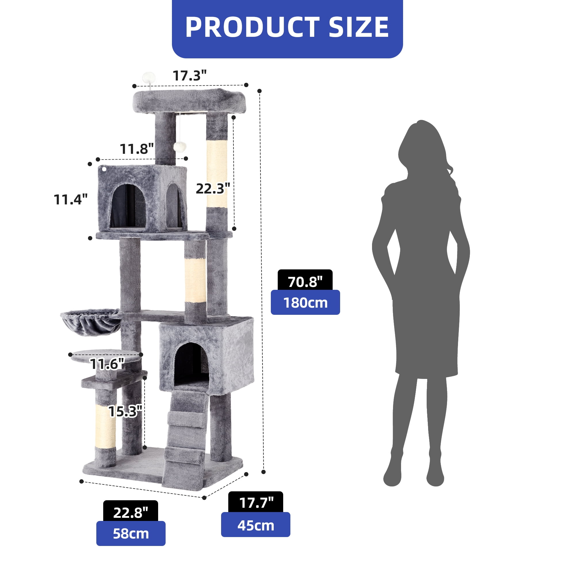 ModFusion Deluxe Multi-Level Cat Tree with Scratching Posts, Hammock, and Condos - 70" Tall, Light Gray