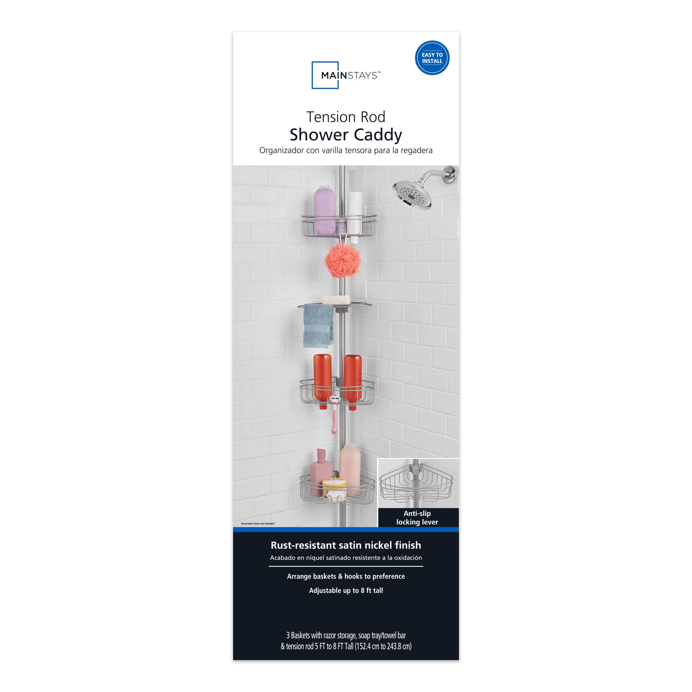 Mainstays Tension Rod Shower Caddy, Rust-Resistant 3 Tier Corner Pole Caddy, 5 - 8 ft, Satin Nickel