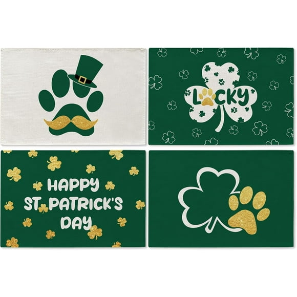 Ensemble de 4 Napperons Joyeux Jour de la Saint-Patrick Trèfle Chanceux Patte de Chien Napperons Saisonniers Printemps Cuisine Salle à Manger Intérieur Extérieur Décoration de Fête 12x18 Pouces
