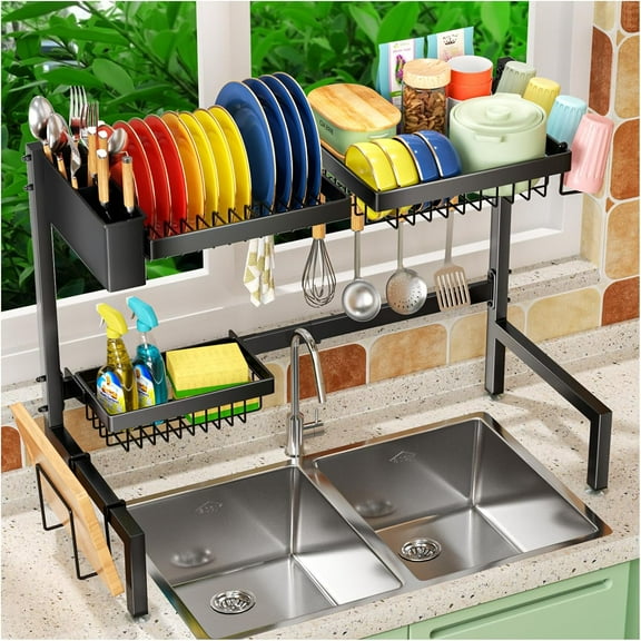 Double-layer 4-basket dish drying rack above the sink, 24.8 inches -35.4 inches