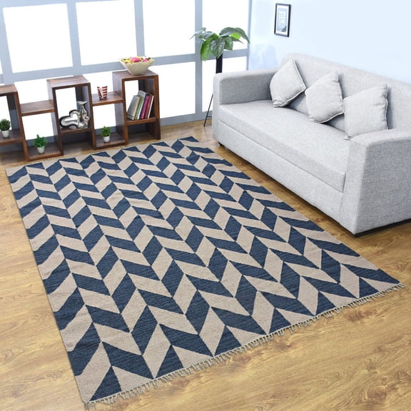 Rugsotic Carpets Hand Woven Flat Weave Kilim Wool Eco-Friendly 4'x6' Area Rugs Rectangle Blue White Contemporary Modern Design Low Pile Indoor Handmade Rug for Living Room, Bedroom D00133