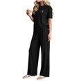 thumbnail image 6 of ABSUYY Womens Ribbed Knit Loungewear Set Two Piece Wide Leg Pants Crew Neck Short Sleeve Oversized Relaxed Fit Black,Size Free Size, 6 of 6