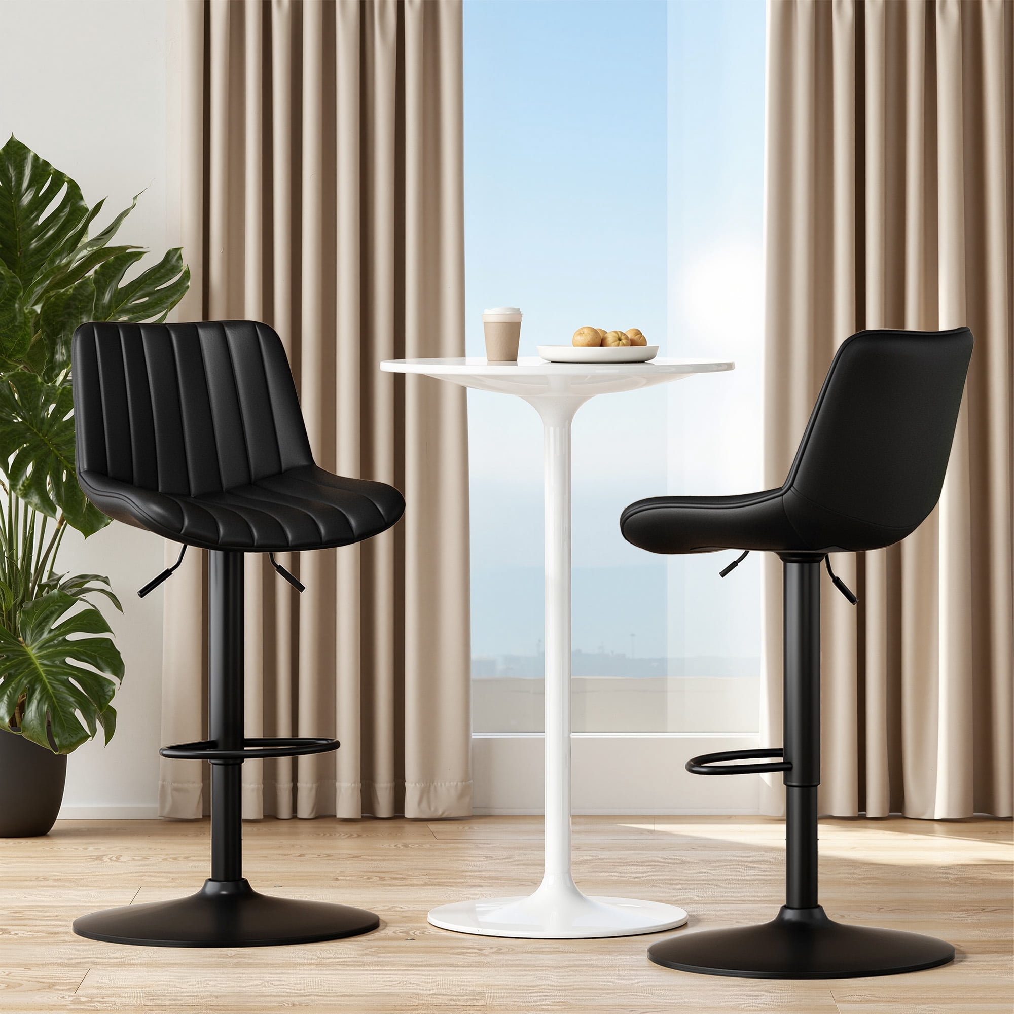 MAYEERTY Black Swivel Adjustable Bar Stools Set of 2, Industrial PU Leather with Back Support for Kitchen Island