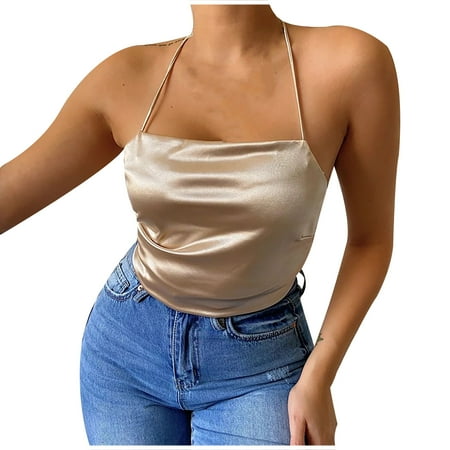 

CYMMPU Women Clothing Women s Sexy Bustier Sleeveless Round Neck Tank Slim Fit Crop Tops Summer Shirts Cami Solid Streetwear Cropped Tank Khaki