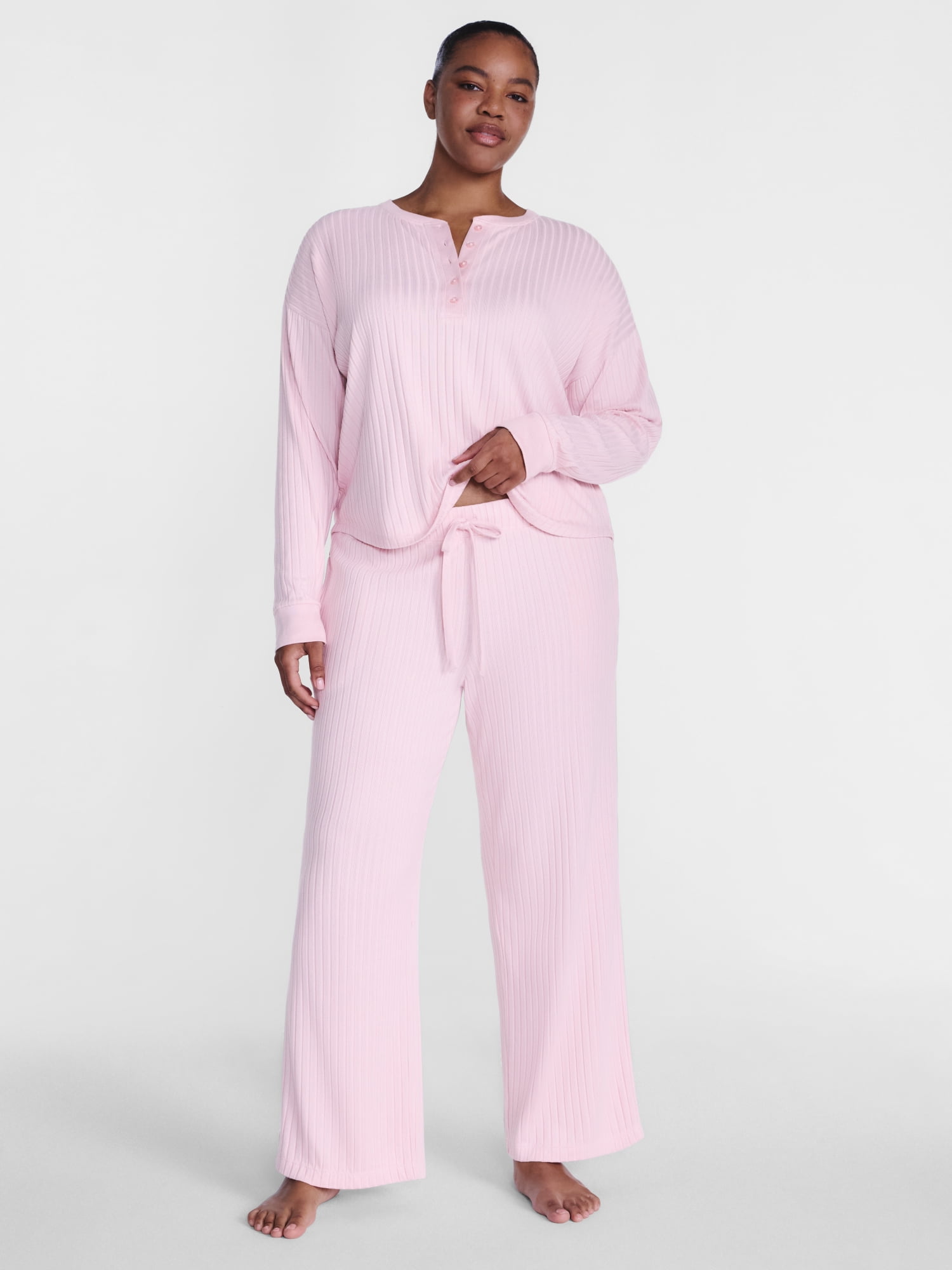 Joyspun Women's Cozy Lounge Collection Hacci Henley Top and Pants, 2-Piece Pajama Set, Sizes XS-3X