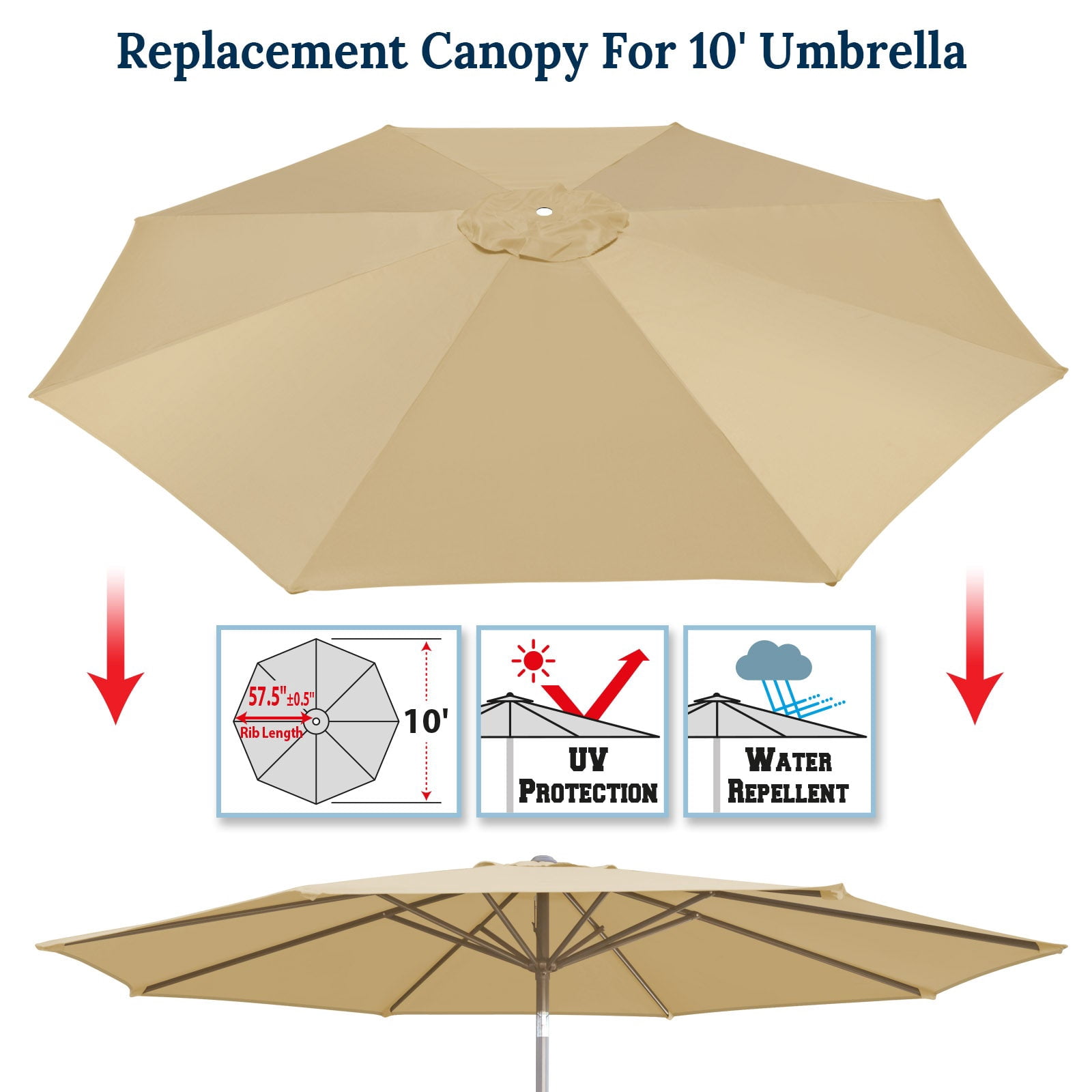 SOLAXO 10' Umbrella Canopy Top Cover Patio Replacement Top Cover 8 Ribs Outdoor Sunshade