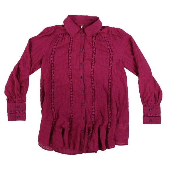 Free People Womens Blouse Button Up Long Sleeve Collared Ruffle Purple Small New