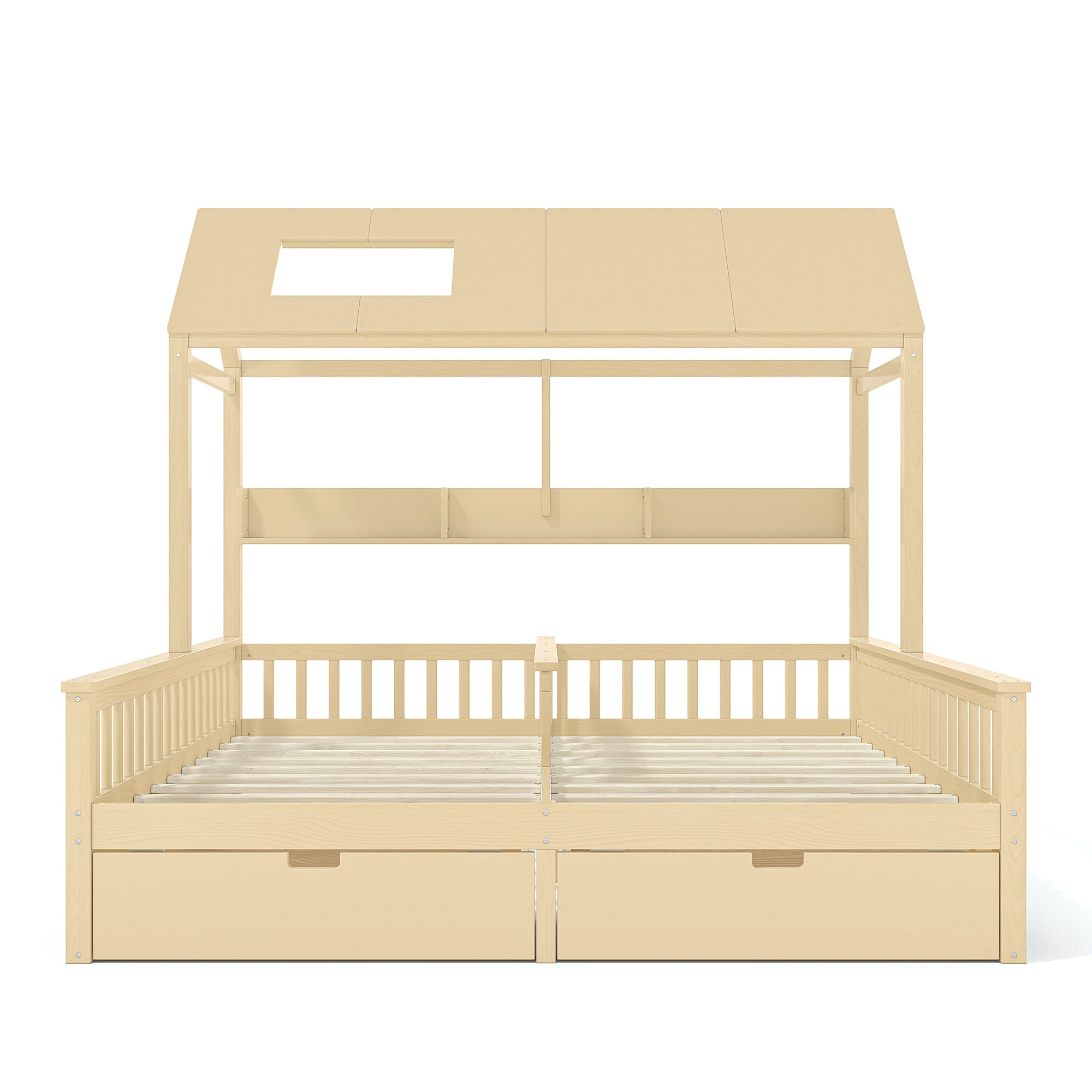 Leumius Double Twin Platform Bed Frame with Storage Shelves and Drawers, House Platform Bed with Support Slats, Childlike and Playhouse Design for Boys Girls Natural