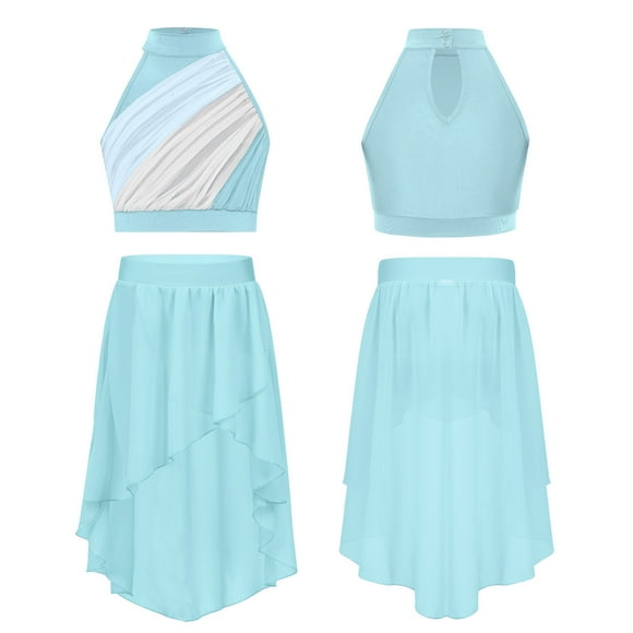 Miaeowve Haut Court pour Filles avec Jupe Justaucorps Fluide Tenues de Danse à Blocs de Couleur Robe de Danse Lyrique Moderne Bleu Clair 10