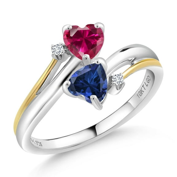 Gem Stone King 925 Silver and 10K Yellow Gold Red Created Ruby Blue Created Sapphire and Lab Grown Diamond 2 Heart Promise Couple Engagement Mother Ring (1.12 Cttw, Size 8)